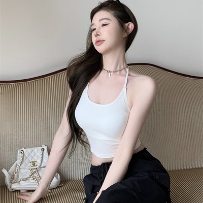 辣妹黑色交叉美背挂脖吊带背心女带胸垫显瘦外穿露背潮酷设计上衣