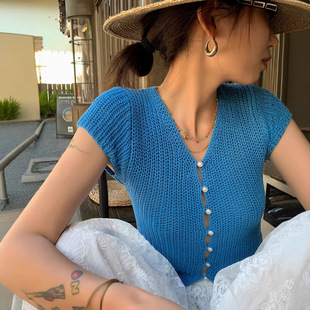 珍珠扣短袖针织衫开衫女夏季2026新款洋气v领修身百搭气质上衣