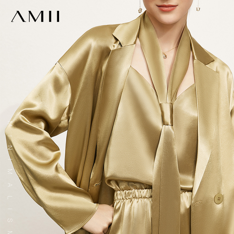 Amii极简洋气时尚醋酸套装女2021春新款西装直筒裤吊带三件套