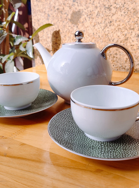 现货法国进口丽固邀月珍珠鱼皮描铂金茶壶咖啡杯碟茶杯绿色简约