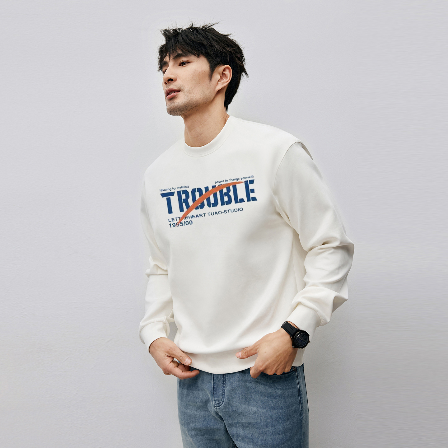 秋冬加绒圆领无帽长袖卫衣