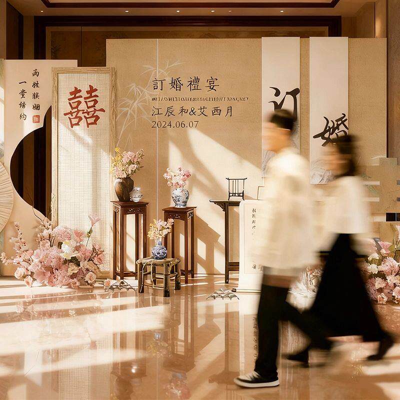 新中式订婚背景墙布置高级感香槟色场景装饰简约大气定亲摆台kt板