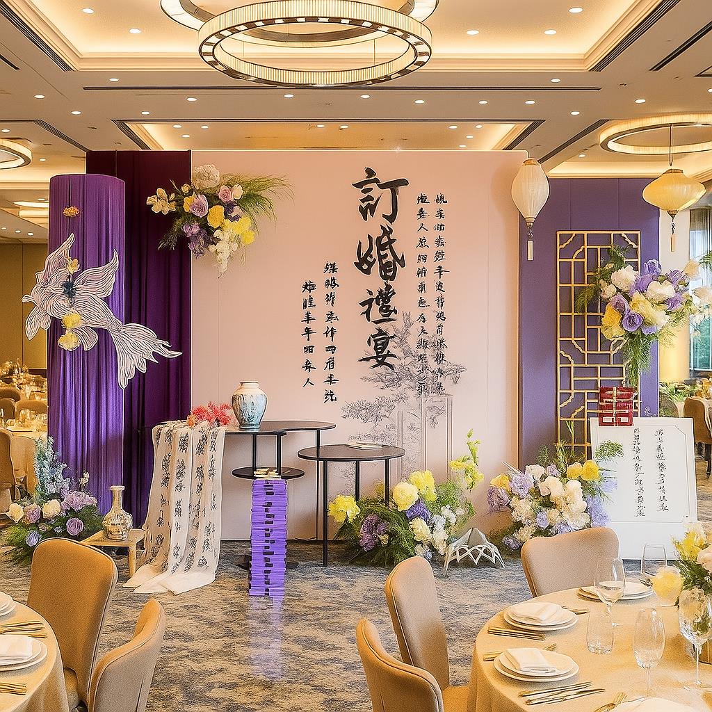 新中式订婚布置装饰紫色摆台高级感全套酒店家里定亲拍照氛围装饰