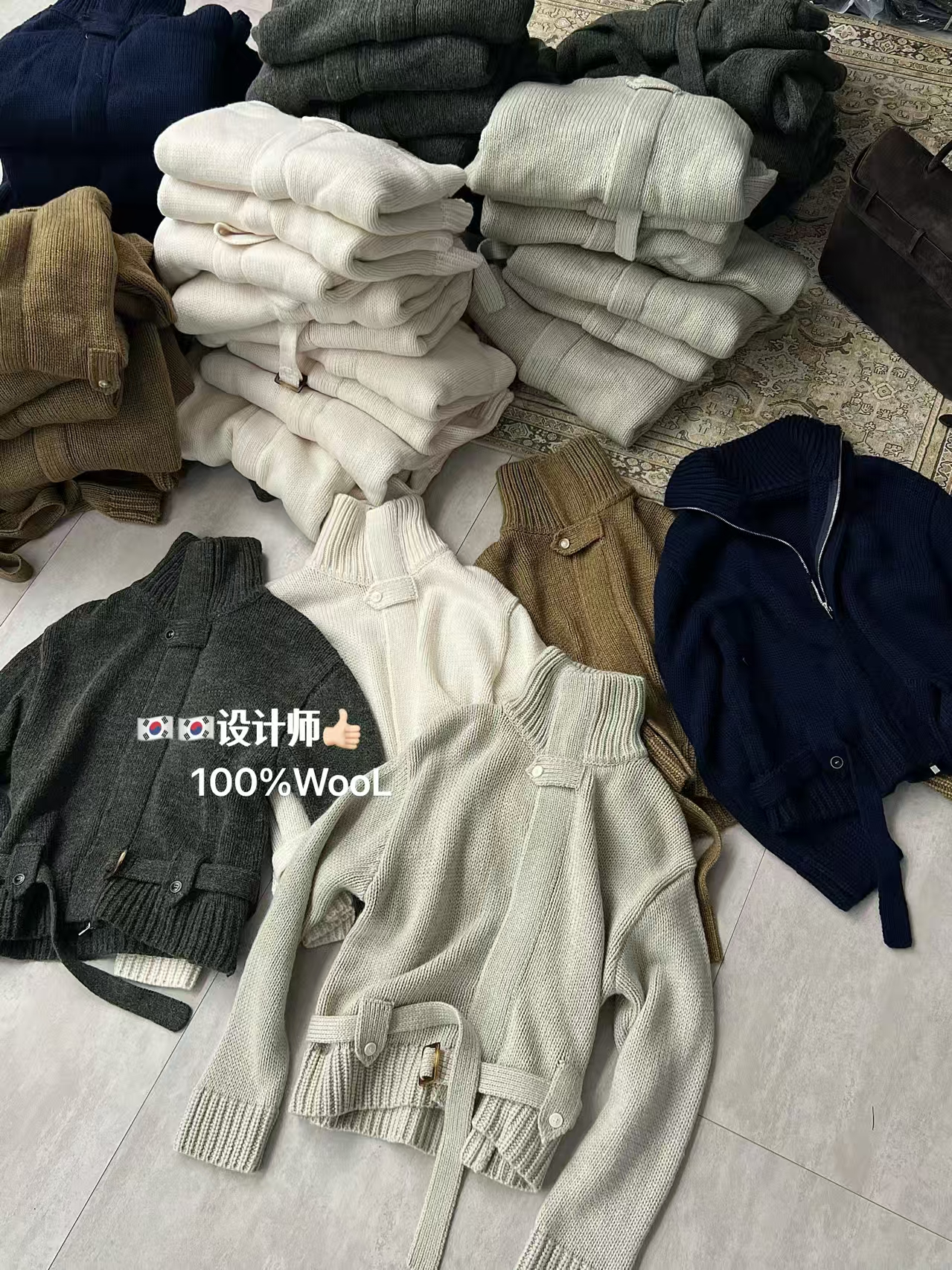 韩国Dunvegan2025秋冬新款羊毛针织开衫女立领系带收腰毛衣外套