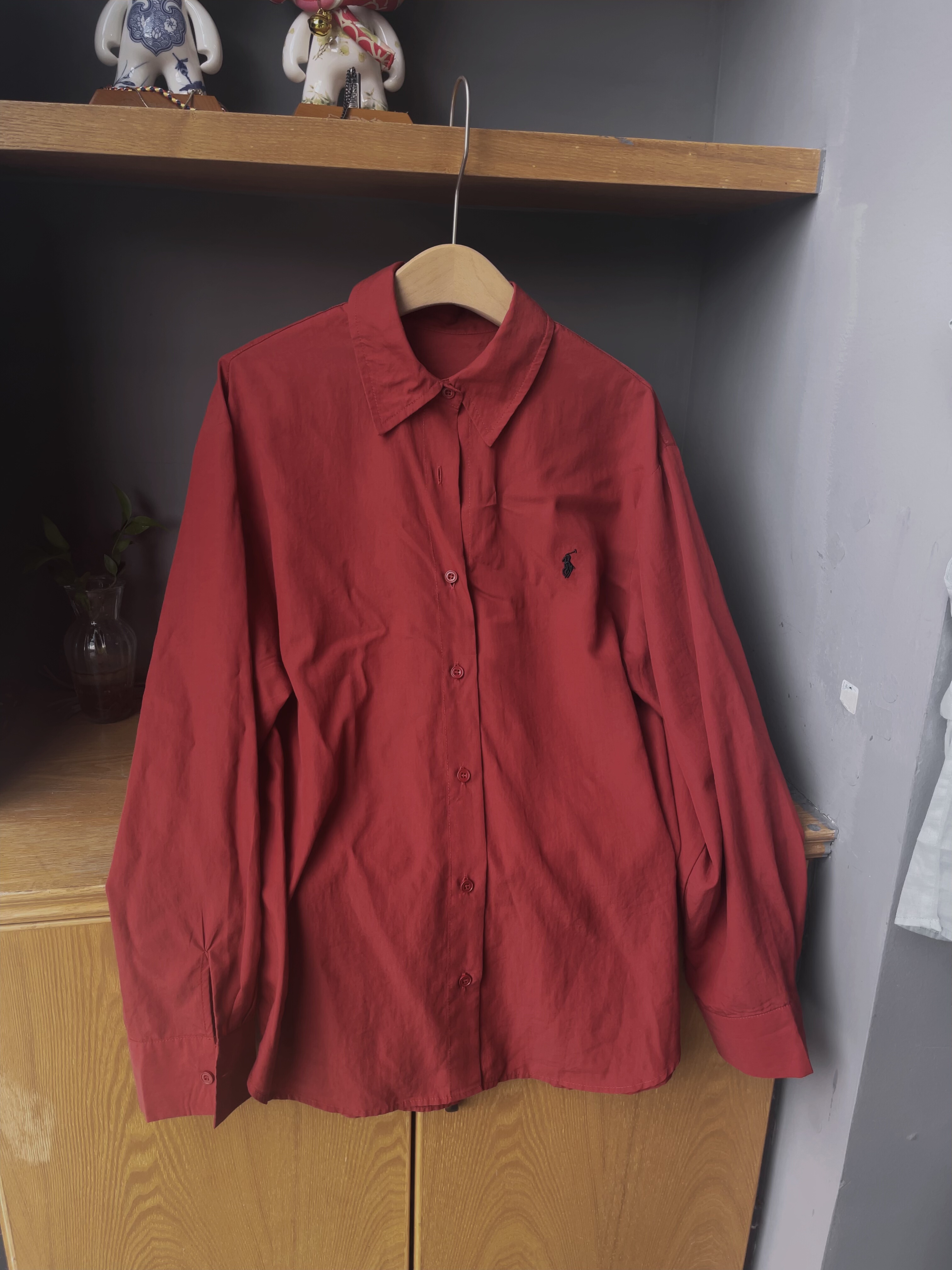 Maymkon小马标刺绣红色长袖衬衫女2025秋季新款天丝宽松显瘦