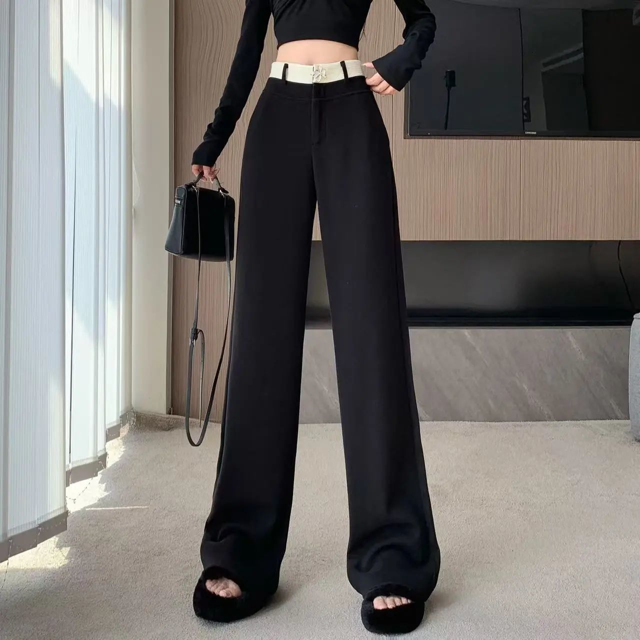高级感黑色毛呢阔腿裤女宽松直筒秋冬设计感高腰裤垂感拖地长裤子