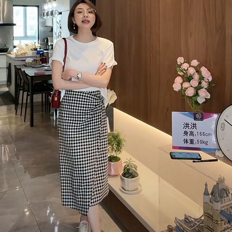 春秋新款不规则西装半身裙女高腰复古黑白格子显瘦a字裙包臀裙子
