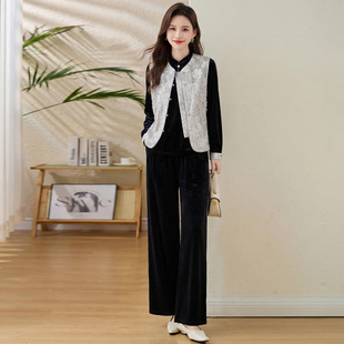 国风套装 长裤 2026春季 刺绣钉珠马甲打底衫 三件套JX2610 新款 新中式