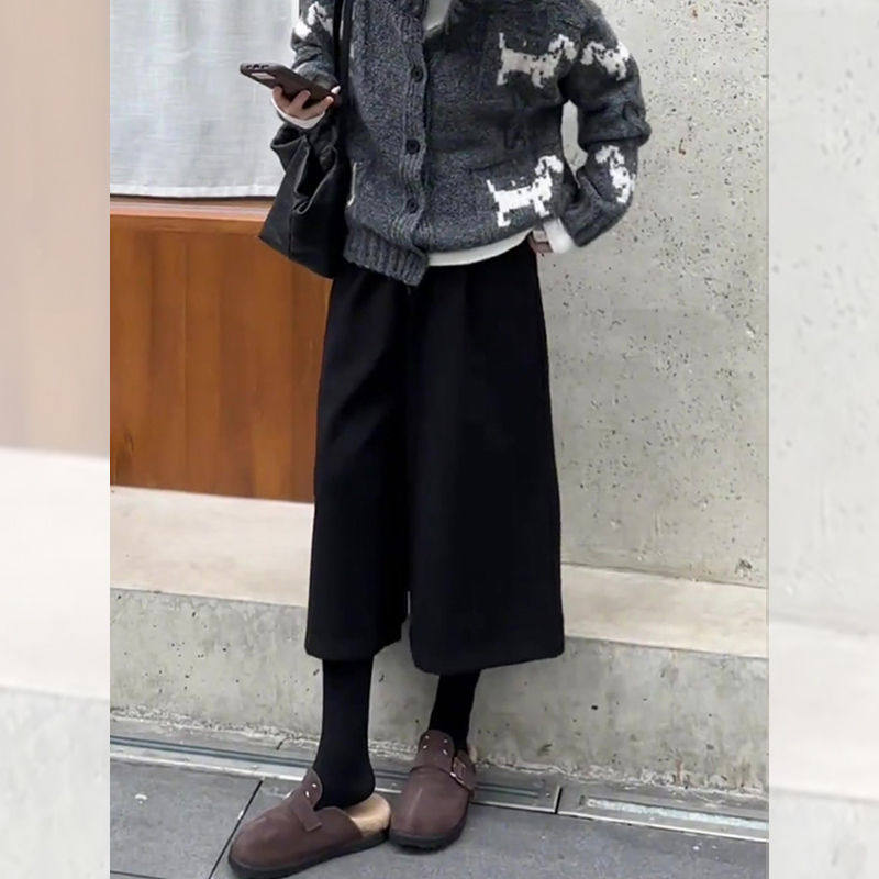 黑色七分休闲毛呢裤女春秋新款简约气质时尚百搭洋气直筒阔腿裤子