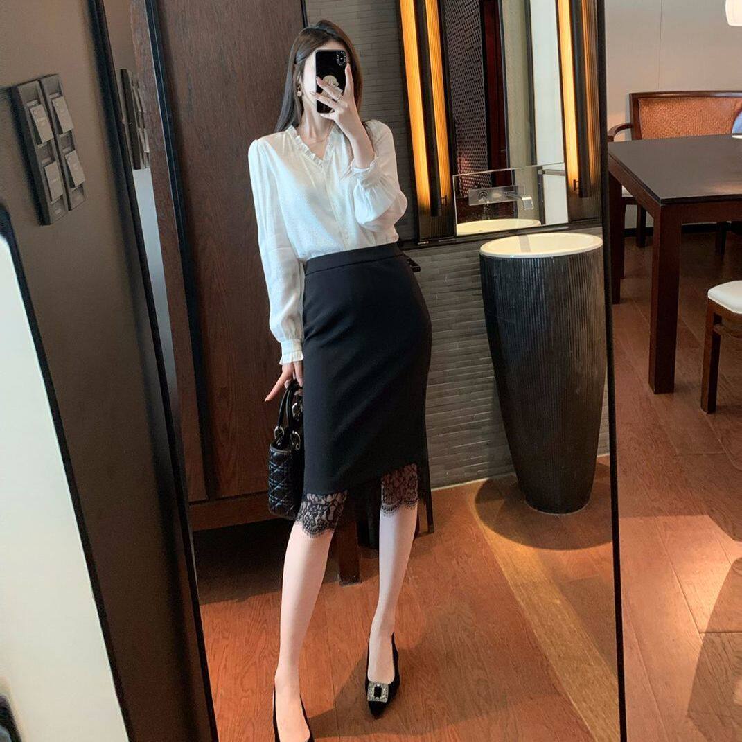 黑色蕾丝拼接半身裙女百搭春秋夏季新款职场白领直筒一步包臀裙子
