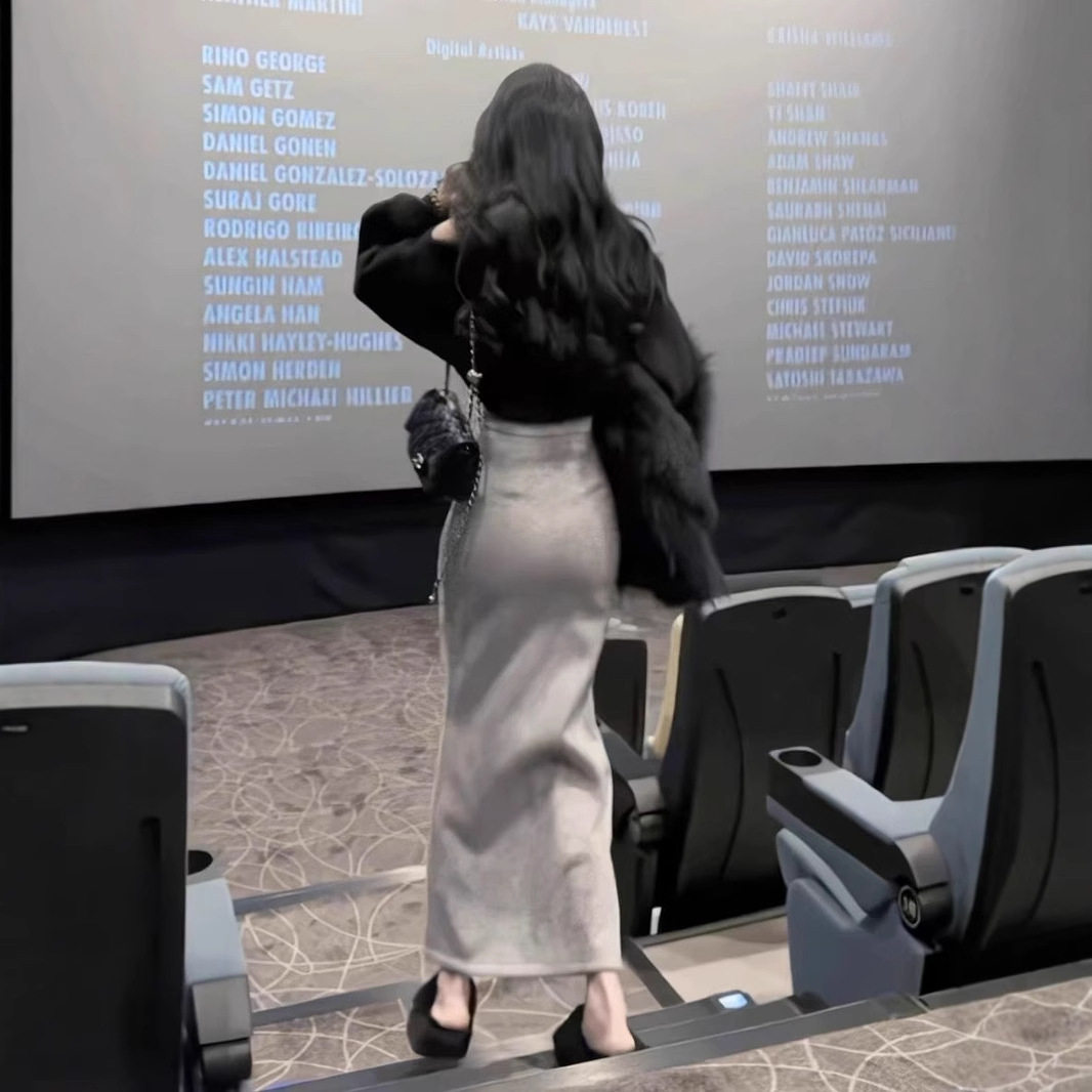 灰色小香风时尚半身裙女春秋季新款性感修身显瘦开叉鱼尾裙长裙子