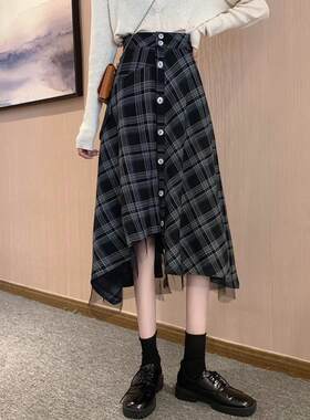 秋冬2025新款不规则格子半身裙女高腰a字中长裙黑色半裙子大裙摆