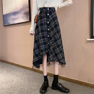 秋冬2025新款不规则格子半身裙女高腰a字中长裙黑色半裙子大裙摆