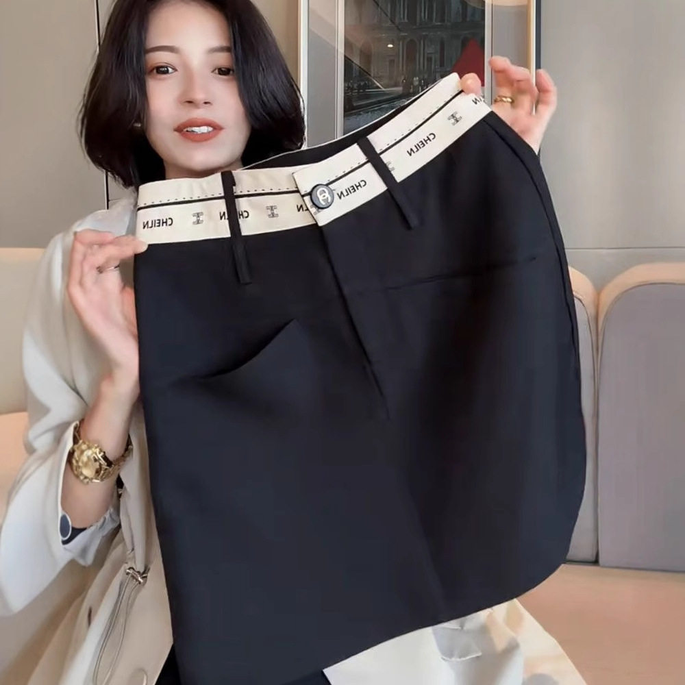 黑色西装短裙女2025新款撞色腰头高腰显瘦气质百搭a字半身裙子