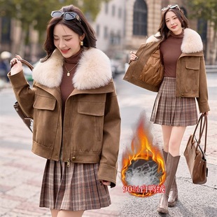 韩系羽绒服女2025新款冬季韩版仿麂皮绒机车羽绒外套90绒狐狸毛