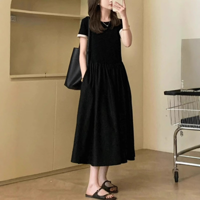 高级感气质黑色长款短袖连衣裙2025新款女夏季爆款收腰显瘦长裙子