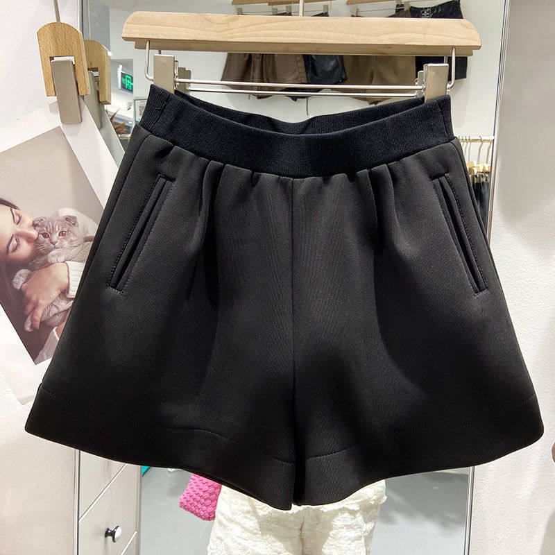 欧货松紧腰黑色短裤女2025秋冬新款韩版阔腿裤高腰A字外穿靴裤子