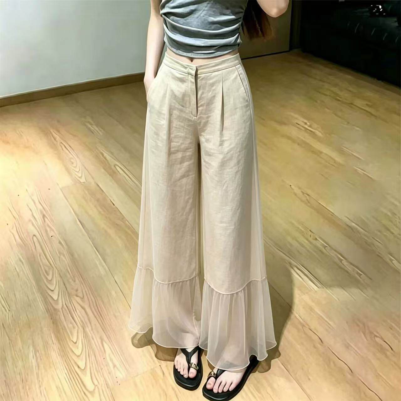 卡其色网纱拼接阔腿裤女薄款2026夏季流行新款高腰显瘦垂感休闲裤