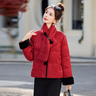 毛毛袖 新中式 新款 羽绒服女2025冬季 口保暖外套DL2672 国风红色短款