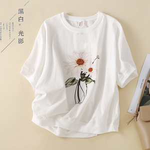 RM21215#文艺复古上衣夏季印花宽松薄款短袖t恤