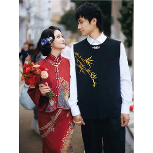 结婚订婚男装夏季新中式中国风金竹刺绣马甲礼服成人礼唐装汉服男