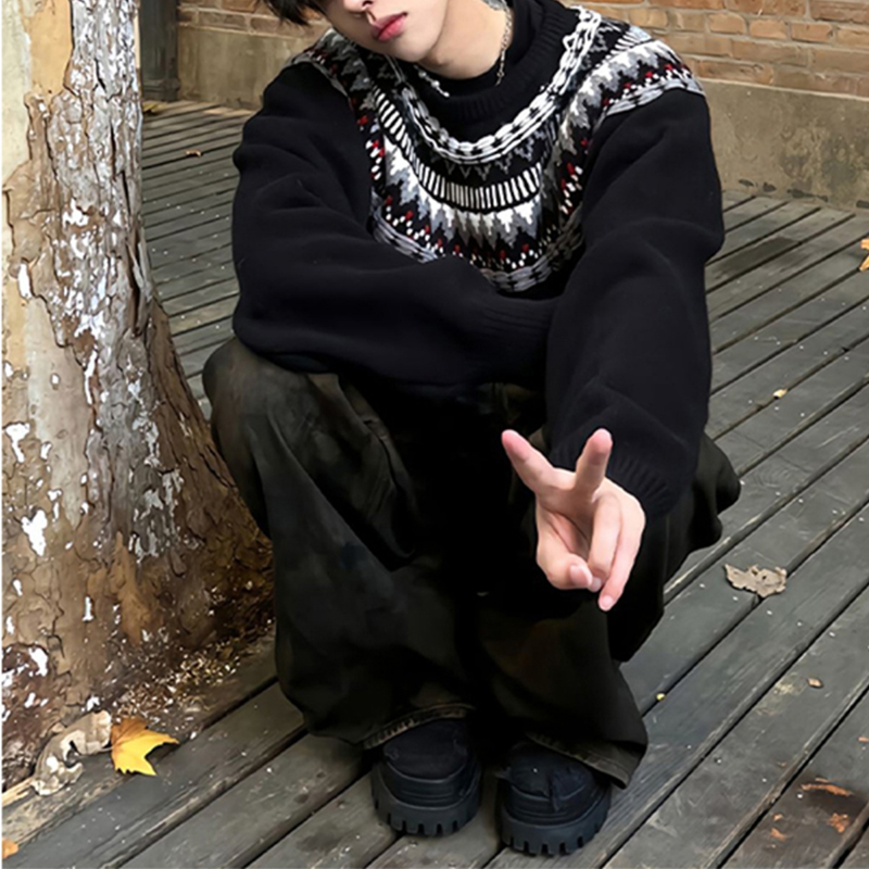 费尔岛圆领毛衣男款冬季复古慵懒风提花针织衫高级感美式情侣外套