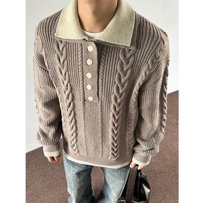 老钱风假两件翻领毛衣男款秋冬季保暖宽松休闲肌理感polo领针织衫