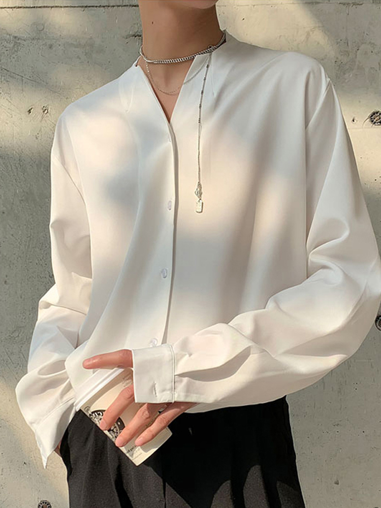 无领长袖宽松纯色衬衫
