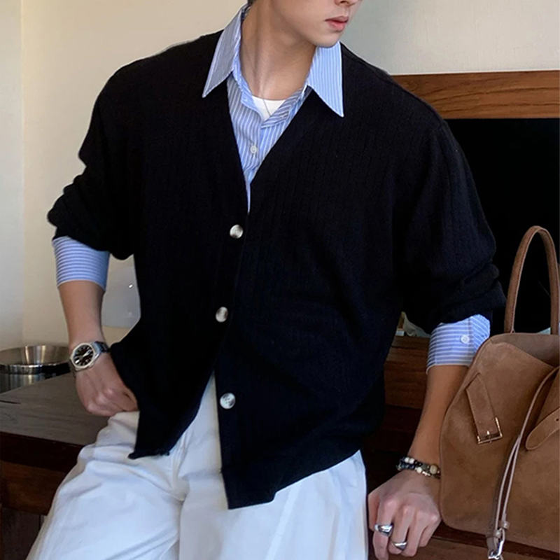 miu系假两件拼接针织开衫男秋季韩系高级感通勤休闲毛衣衬衫外套