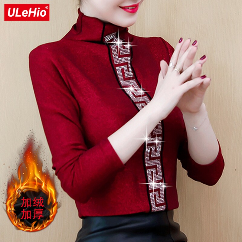 Europe station 2020 Autumn and winter new pattern Women's wear Half a Plush thickening Long sleeve Bright silk Hot stamping Base coatin the Women's clothing/Boutique , Lace shirt/Chiffon shirt  category - from Buy2taobao.com to provide professional Taobao agent buy service
