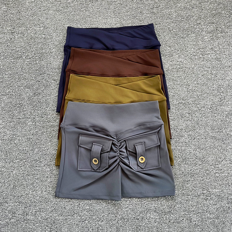 欧美健身蜜桃裤工装风紧身三分运动裤高腰弹力提臀纽扣带兜跑步女