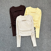 带胸垫镂空修身 瑜伽服女士性感抽绳收腰显瘦紧身运动T恤上衣 长袖