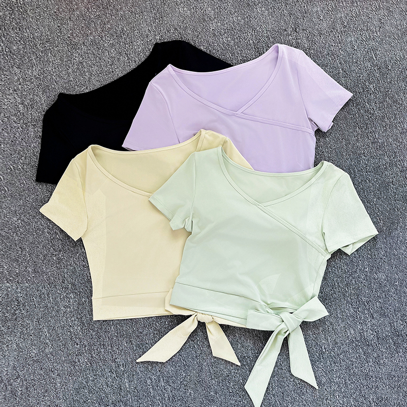 运动短袖女夏季时尚修身绑带普拉提瑜伽服上衣专业跑步训练健身服