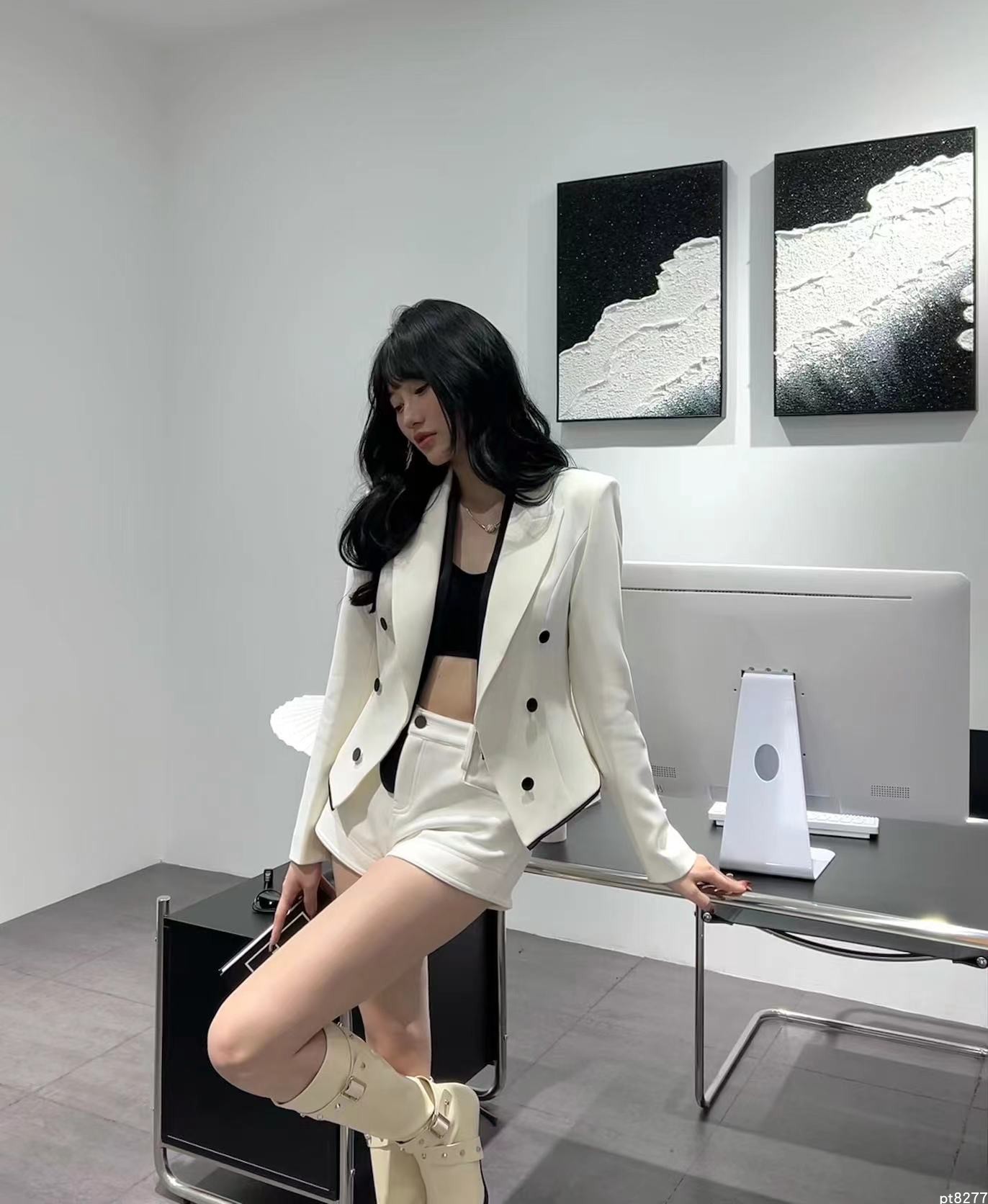 欧货气质法式小西服7536时尚新款经典黑白修身小西服领带可以拆卸