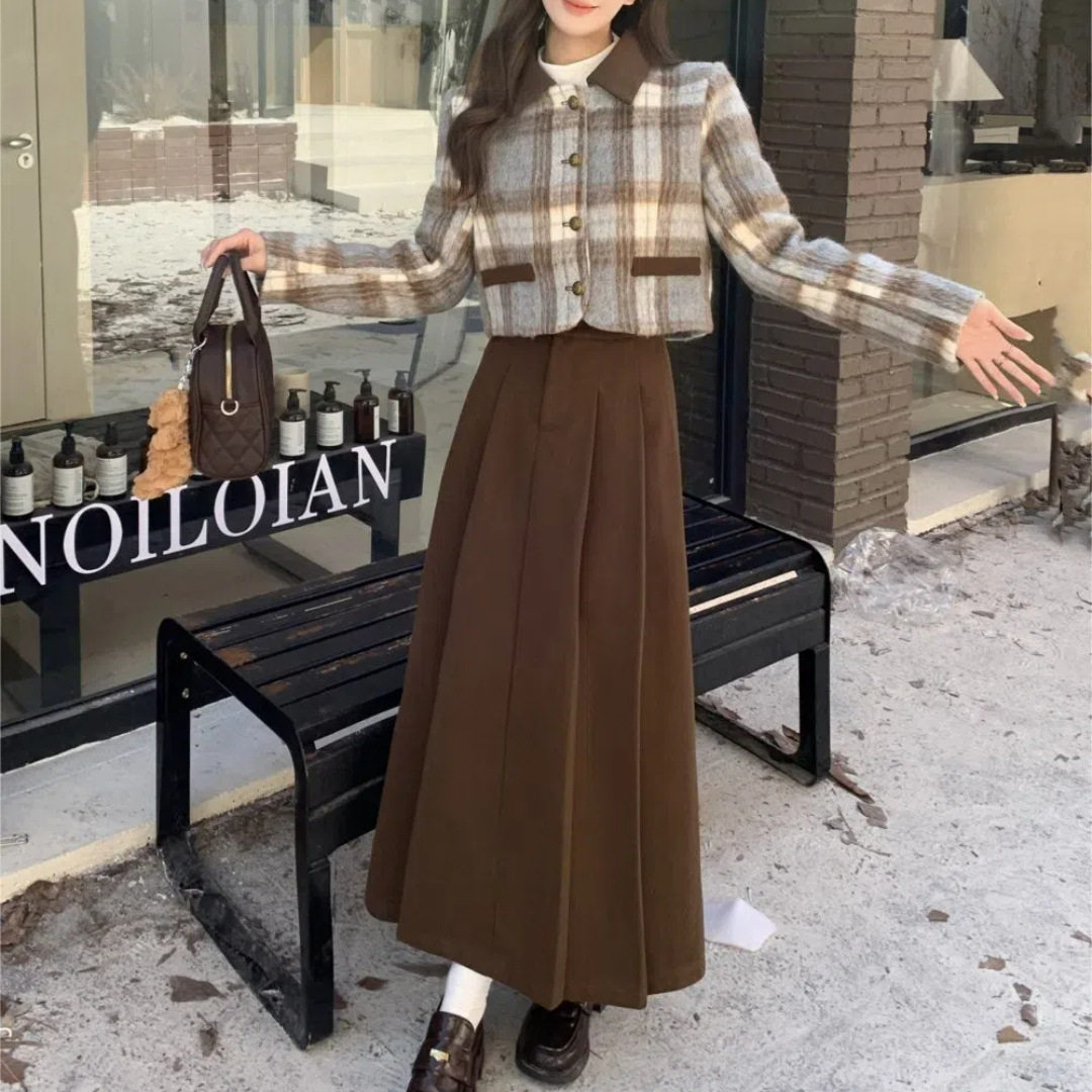 惊喜依依新款春秋冬季两件套加厚毛呢短外套女百褶长裙时尚套装