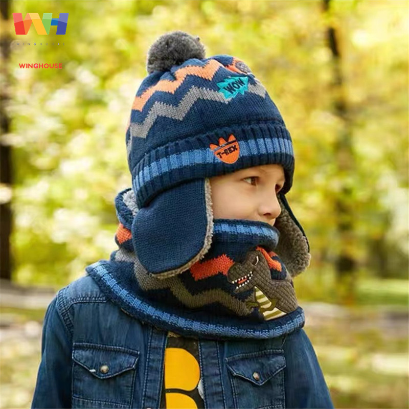 韩国winghouse儿童帽子冬季围巾套装男童恐龙宝宝针织帽保暖围脖