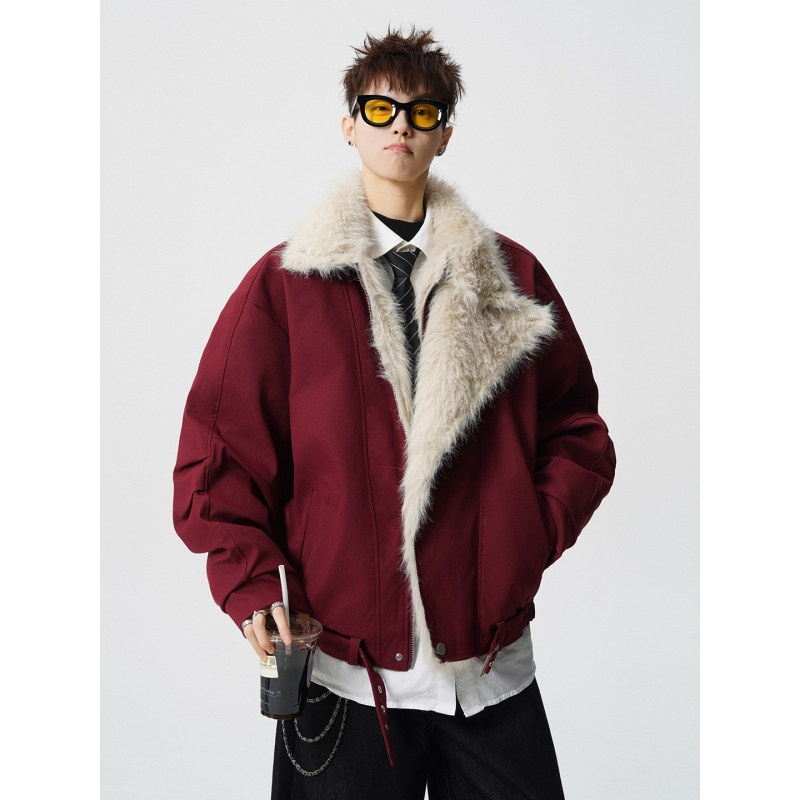 美式斜拉链座山雕棉服