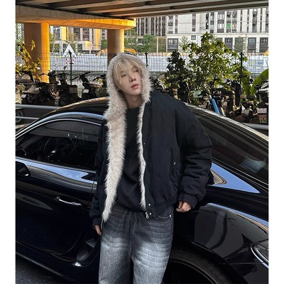 连帽毛领棉服男款冬季设计感美式高街cleanfit短款棉衣外套