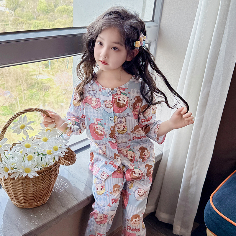 女童棉绸睡衣薄款夏季短袖小孩儿童中大绵绸空调家居服牛奶妹套装