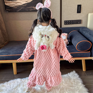 儿童睡衣套装冬季加厚款女童小孩珊瑚绒法兰绒睡袍浴袍连帽家居服