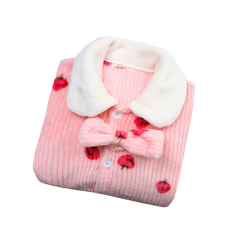 CHILDRENS ONE-PIECE PAJAMAS AUTUMN AND WINTER CORAL VELVET GIRLS FLANNEL BABY KICK ANTI GIRL BELLY PROTECTION STRAWBERRY LOUNGEWEAR
