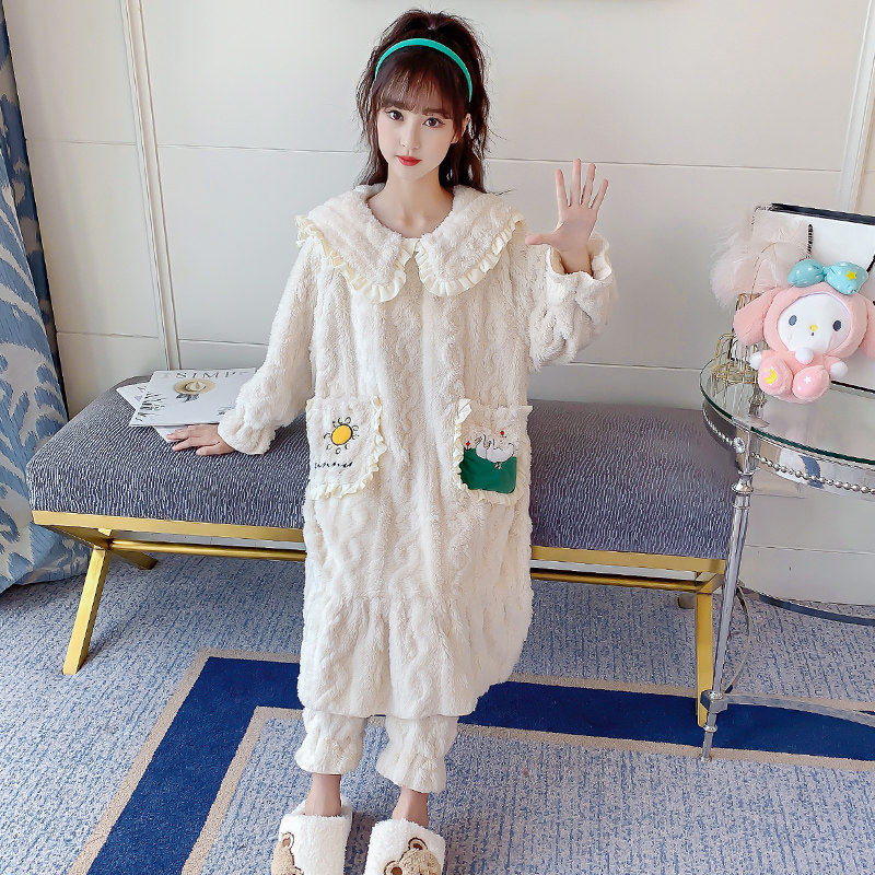儿童法兰绒睡衣冬季小孩女童睡袍珊瑚绒加厚款套装米色口袋家居服
