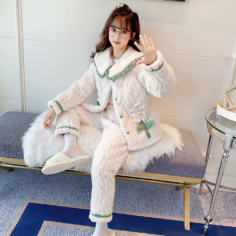 儿童睡衣冬季加厚款三层夹棉女童小孩珊瑚绒法兰绒绿花保暖家居服