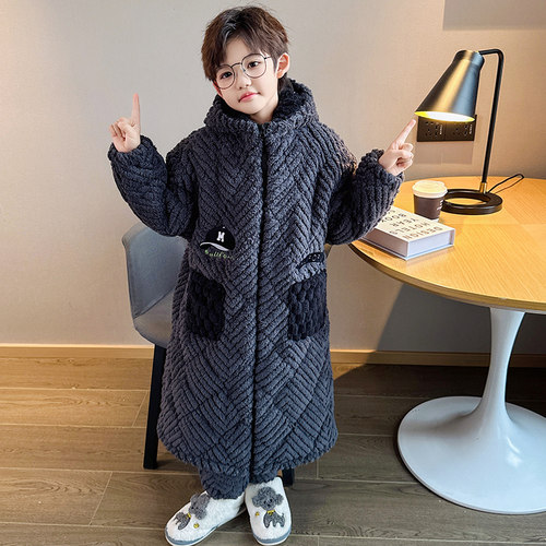 儿童睡衣秋冬季加厚款三层夹棉男童孩珊瑚绒法兰绒睡袍保暖家居服