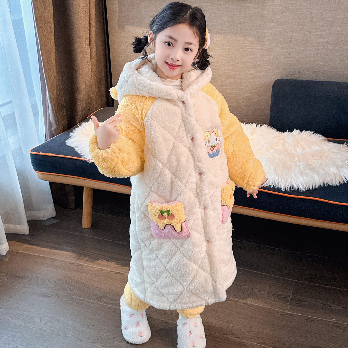 女童睡衣冬季三层夹棉珊瑚绒加厚
