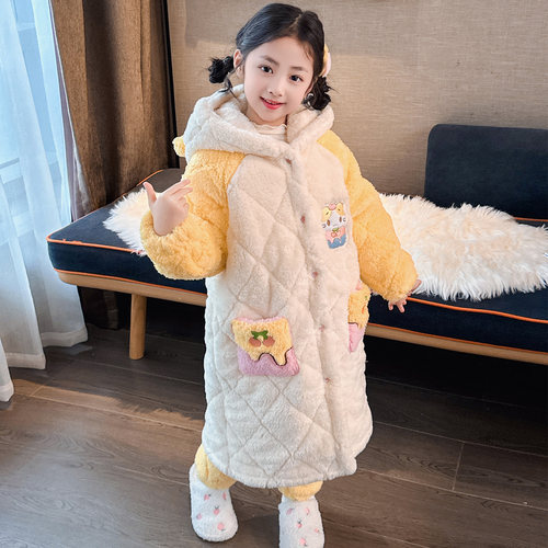 女童睡衣冬季三层夹棉珊瑚绒加厚