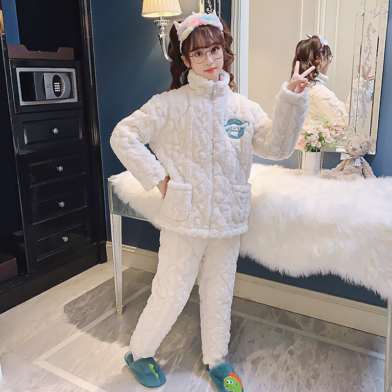 儿童睡衣冬季加厚款三层夹棉女童小孩珊瑚绒法兰绒玉桂保暖家居服