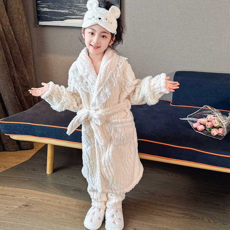 儿童睡衣套装冬季加厚款女童小孩珊瑚绒法兰绒睡袍浴袍保暖家居服