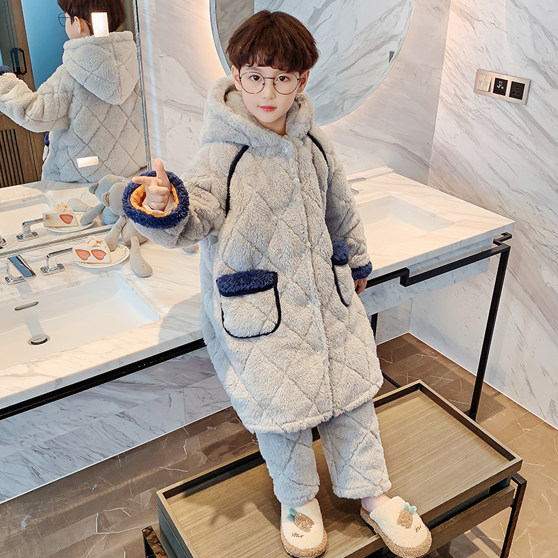 儿童睡衣秋冬季加厚款灰色法兰绒