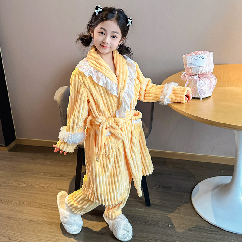 儿童睡衣套装冬季加厚款女童小孩珊瑚绒法兰绒睡袍浴袍保暖家居服